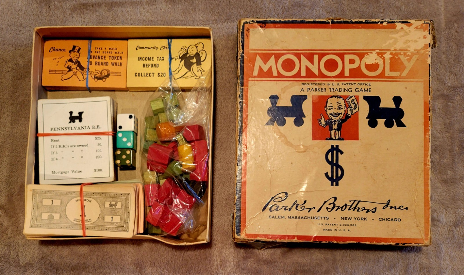 Vintage 1936 Parker Bros Monopoly Game Box w/Wood Pieces (Small Box Edition)