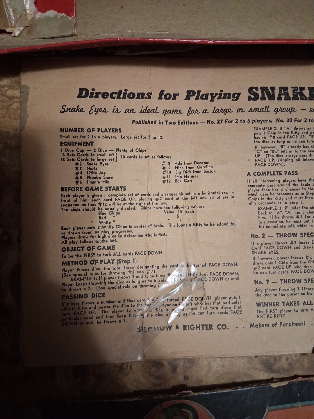 1930s SNAKE EYES 27 SELCHOW RIGHTER ALL CARDS PRESENT / 6 EACH NO CUP OR CHIPS