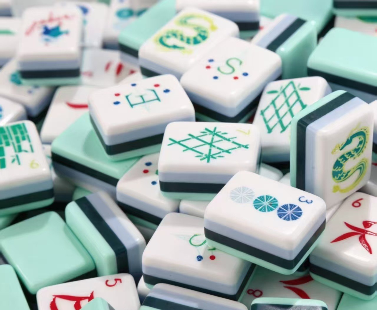NEW! Vibrant Layered Mahjong Tiles – Full American Set 160Tiles – cyan dragon