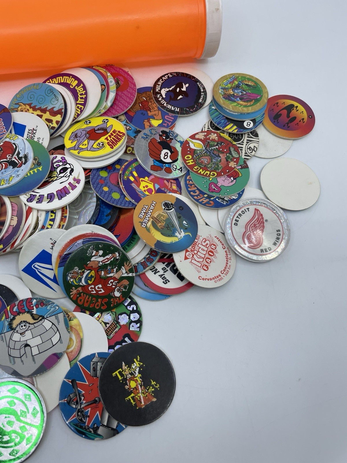 VTG Pogs Milkcaps Lot 149 90s 8-Ball Slammer Game Pieces W/ Pog Container