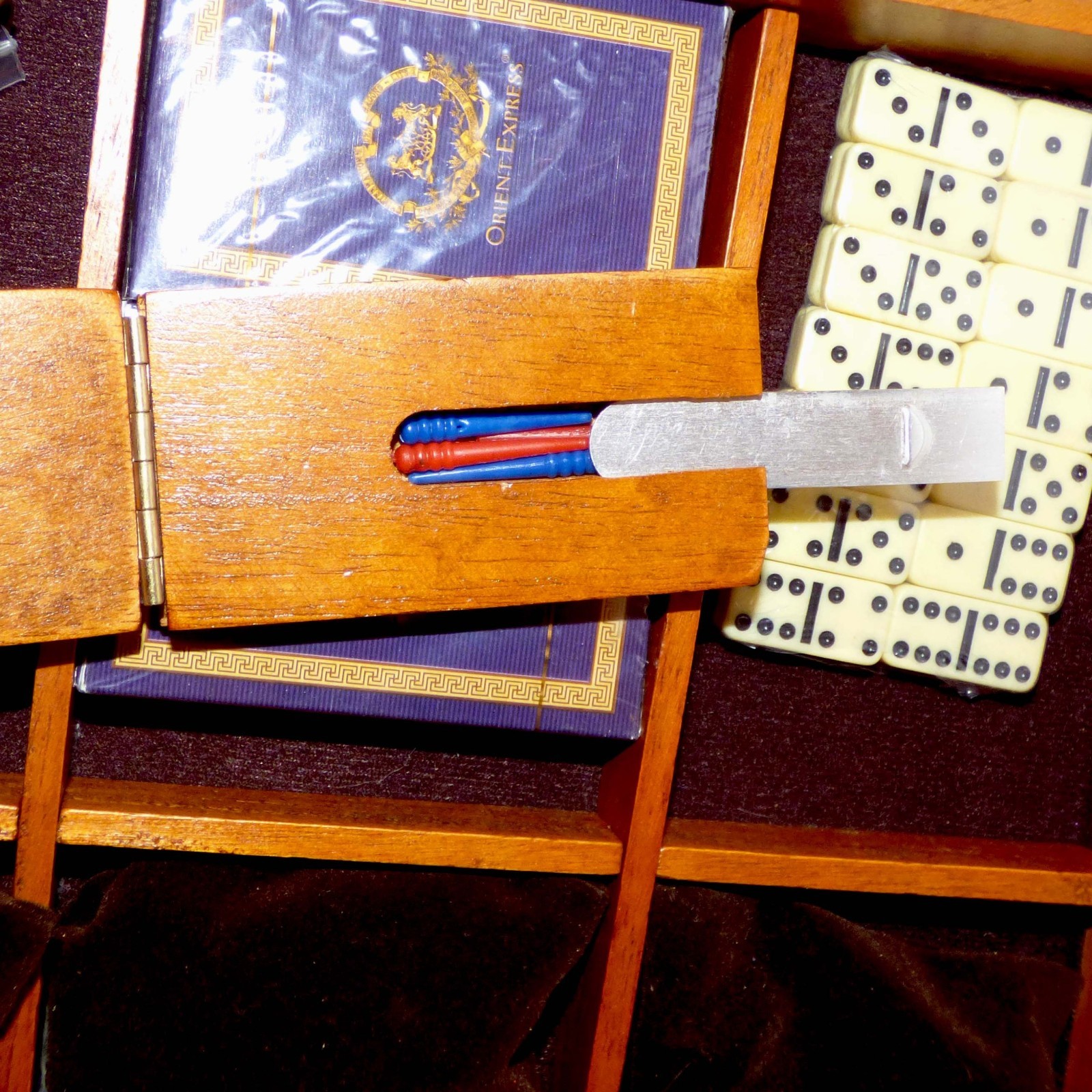 Orient Express Luxury Wood Game Set Chess Backgammon Dominoes Cards Complete