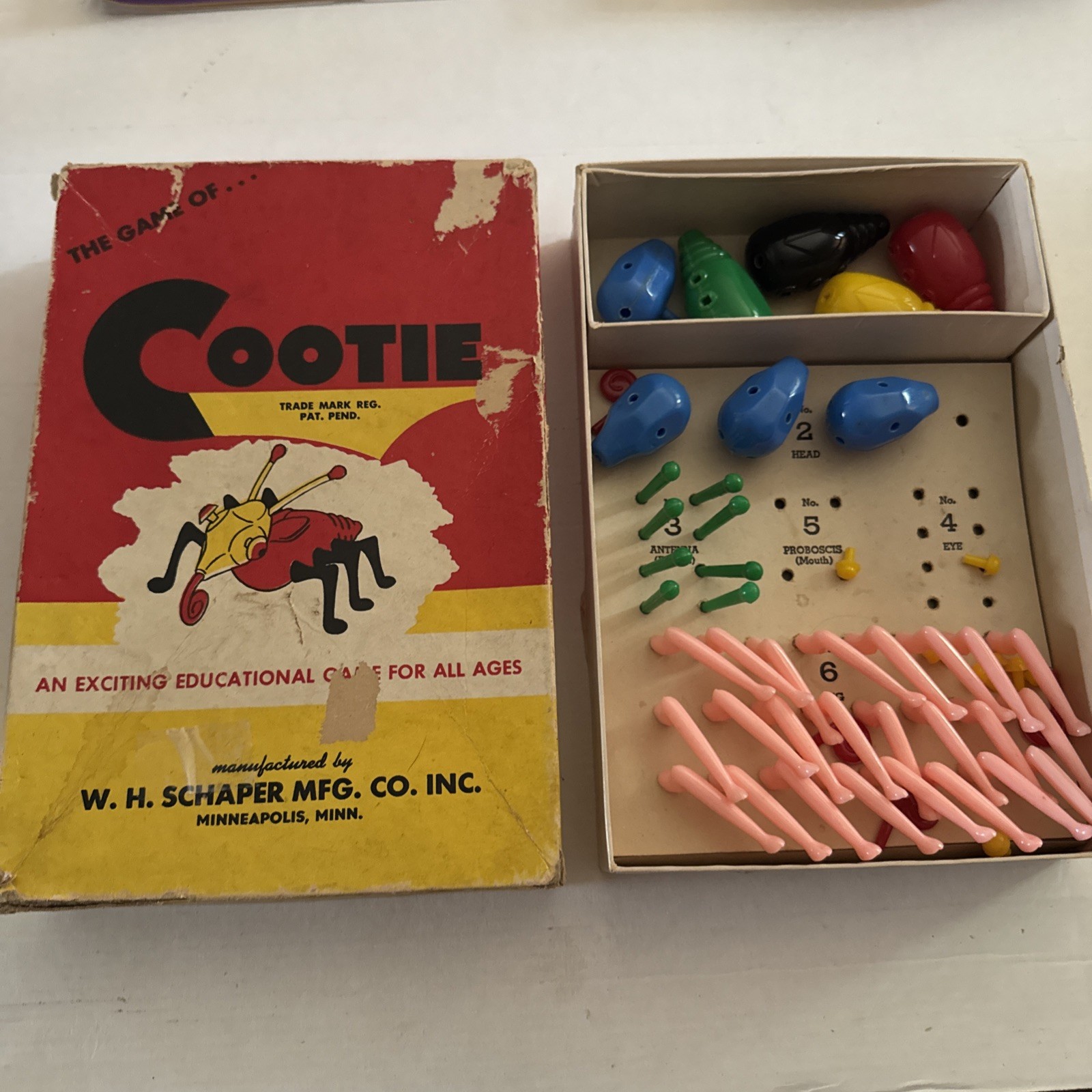 Vintage 1949 W.H. Schaper The Game of Cootie Patent Pending Box & Parts