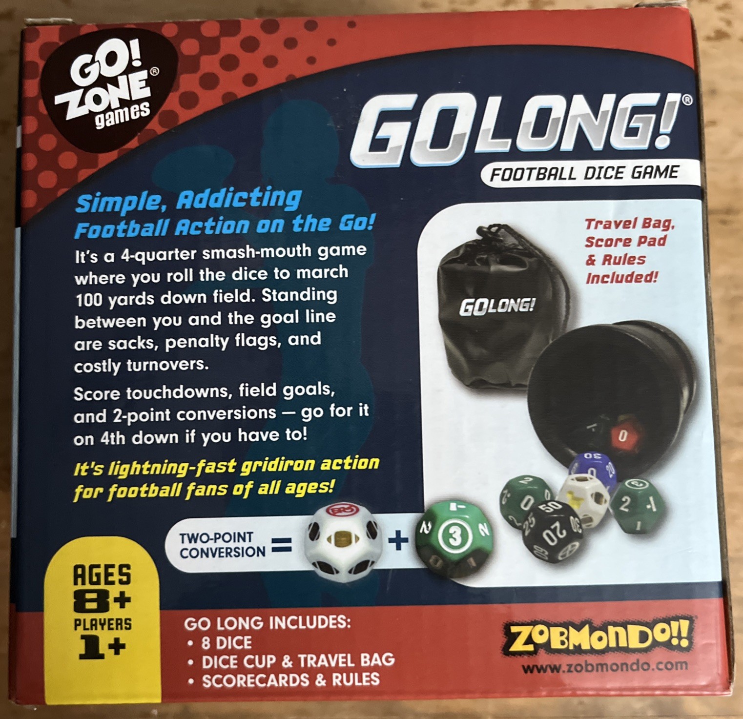 **NIB**GO LONG Football Dice Game Zobmondo Complete
