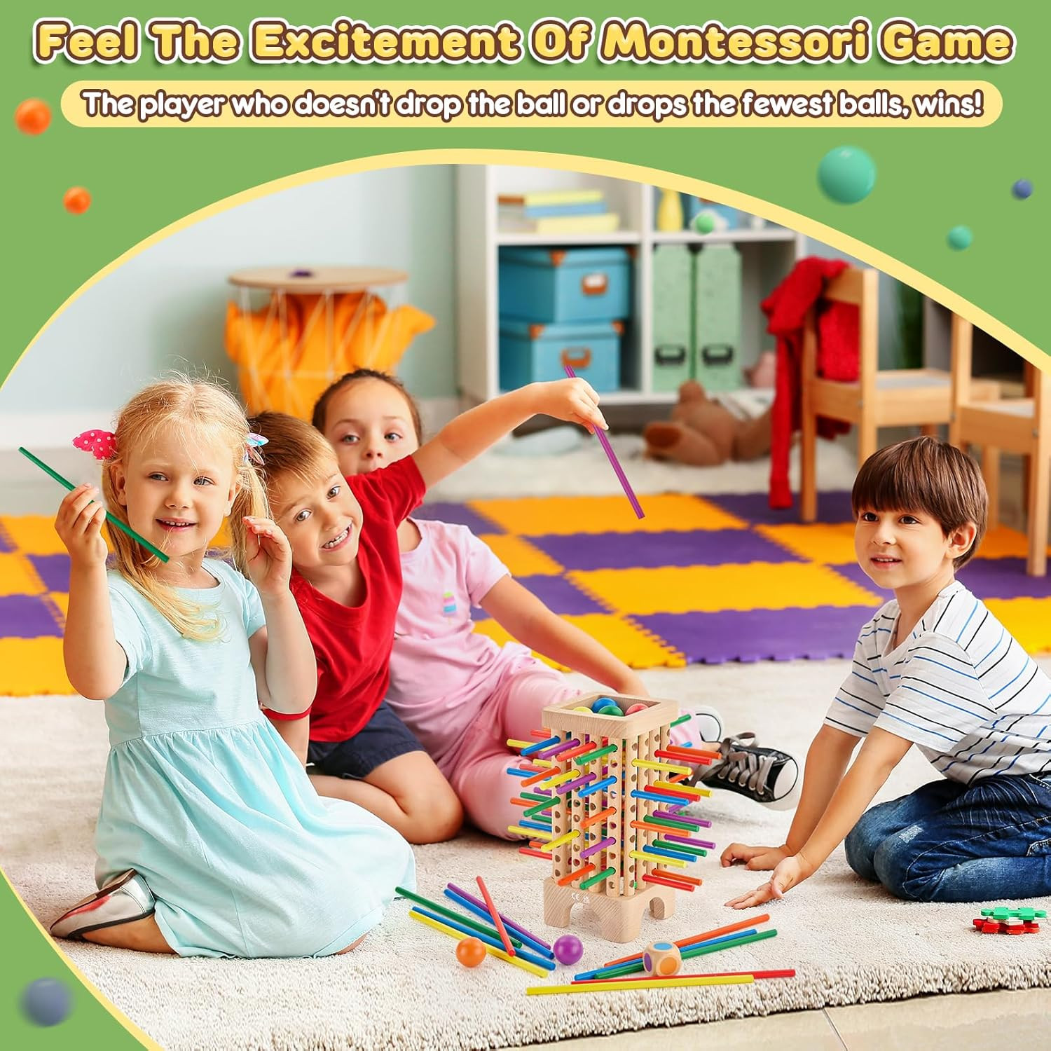 Montessori Game Wooden Board Game, 42 Colorful Wooden Sticks Dice Game Math Educ