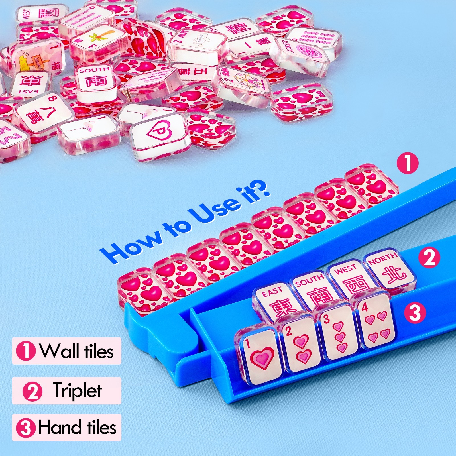 4 Pack Acrylic Mahjong Racks with Pushers Combo, All-in-One Tile Pushers, Blue