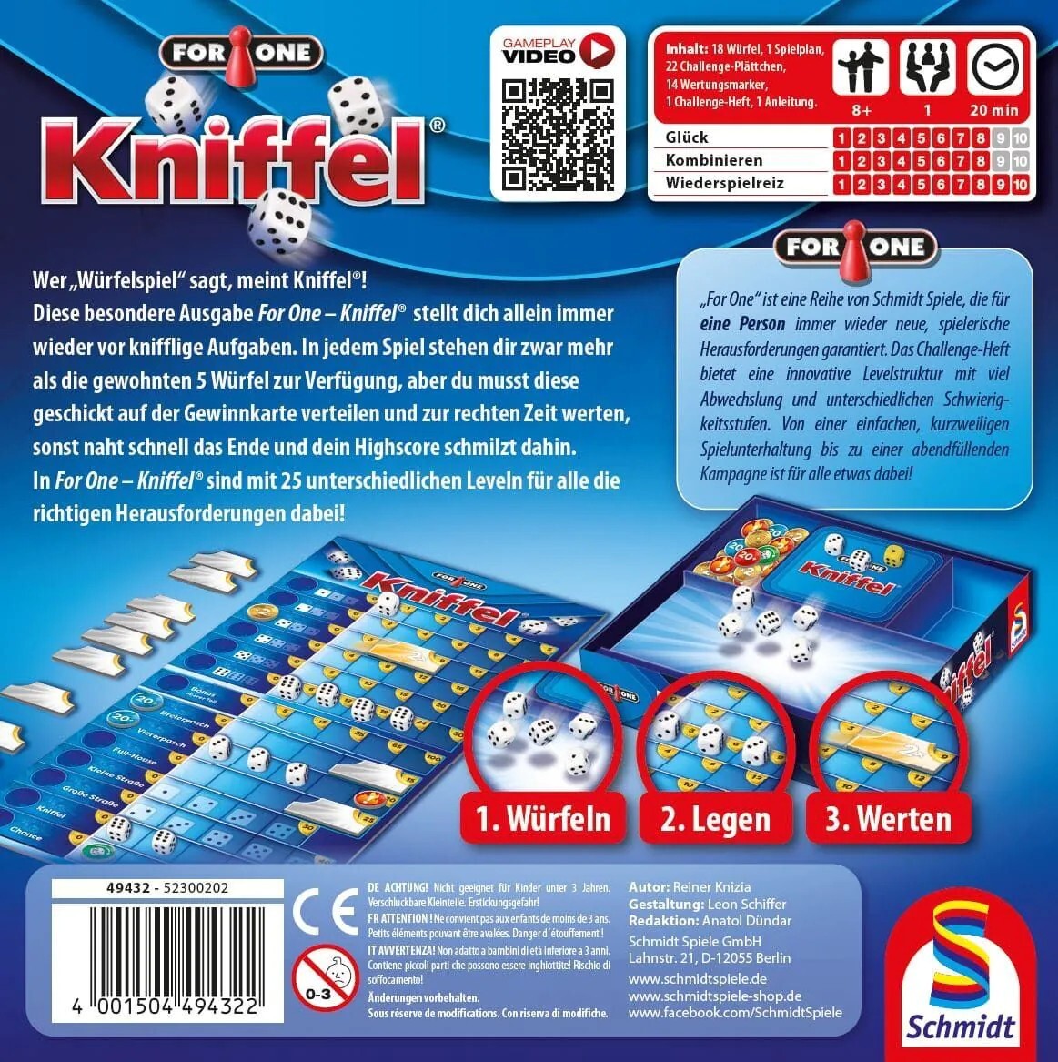 For One Kniffel® 1 Spieler Kniffel für 1 Person Würfelspiel Schmidt Spiele 49432