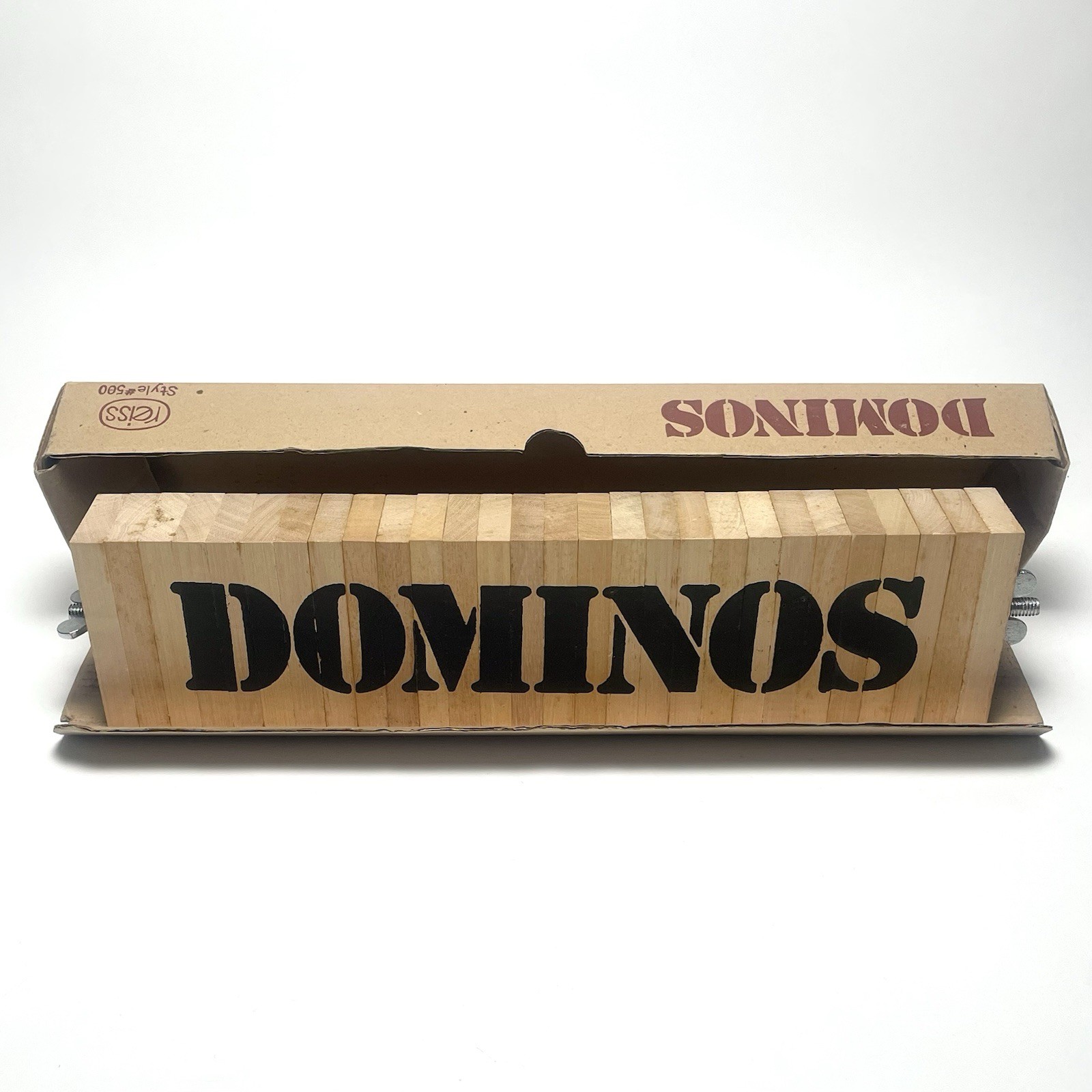Vintage Reiss Wooden Jumbo Dominoes Game Set Unique 4” x 2” Pieces w/ Metal Rod