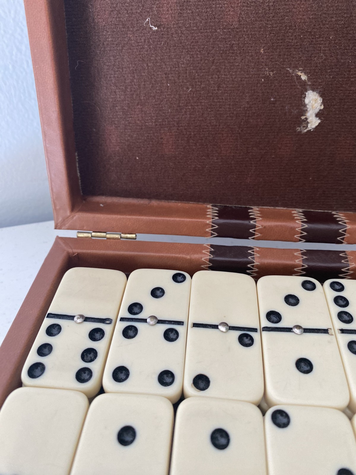 VTG Double-Six Domino Set with Metal Spinners in Brown Faux-Case