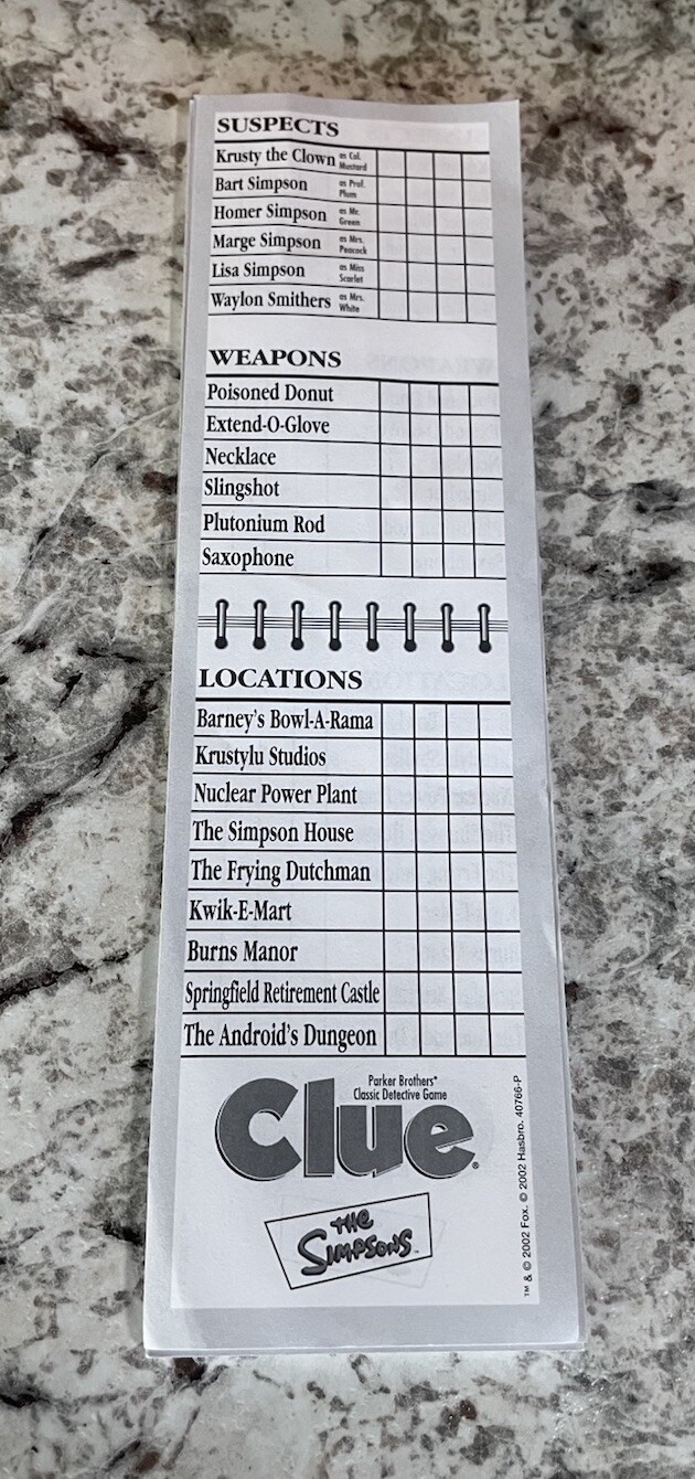 The Simpsons Clue Notepad Writing Pad 2002 Replacement Pieces Score