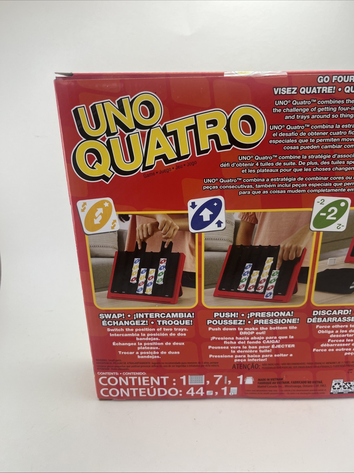 UNO Quatro Game with Colored Tiles & Plastic Game Grid New Open Box