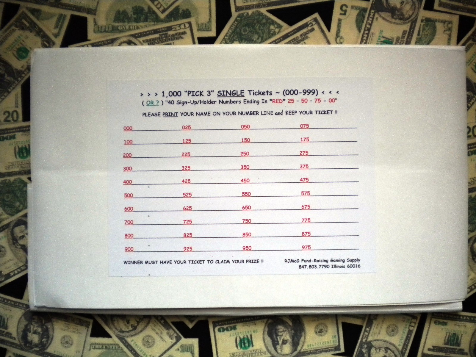 ( 1 ) 1000 REGULAR TIP “PICK 3” (000-999) or Num# Ending In 25-50-75-00 Pull Tab