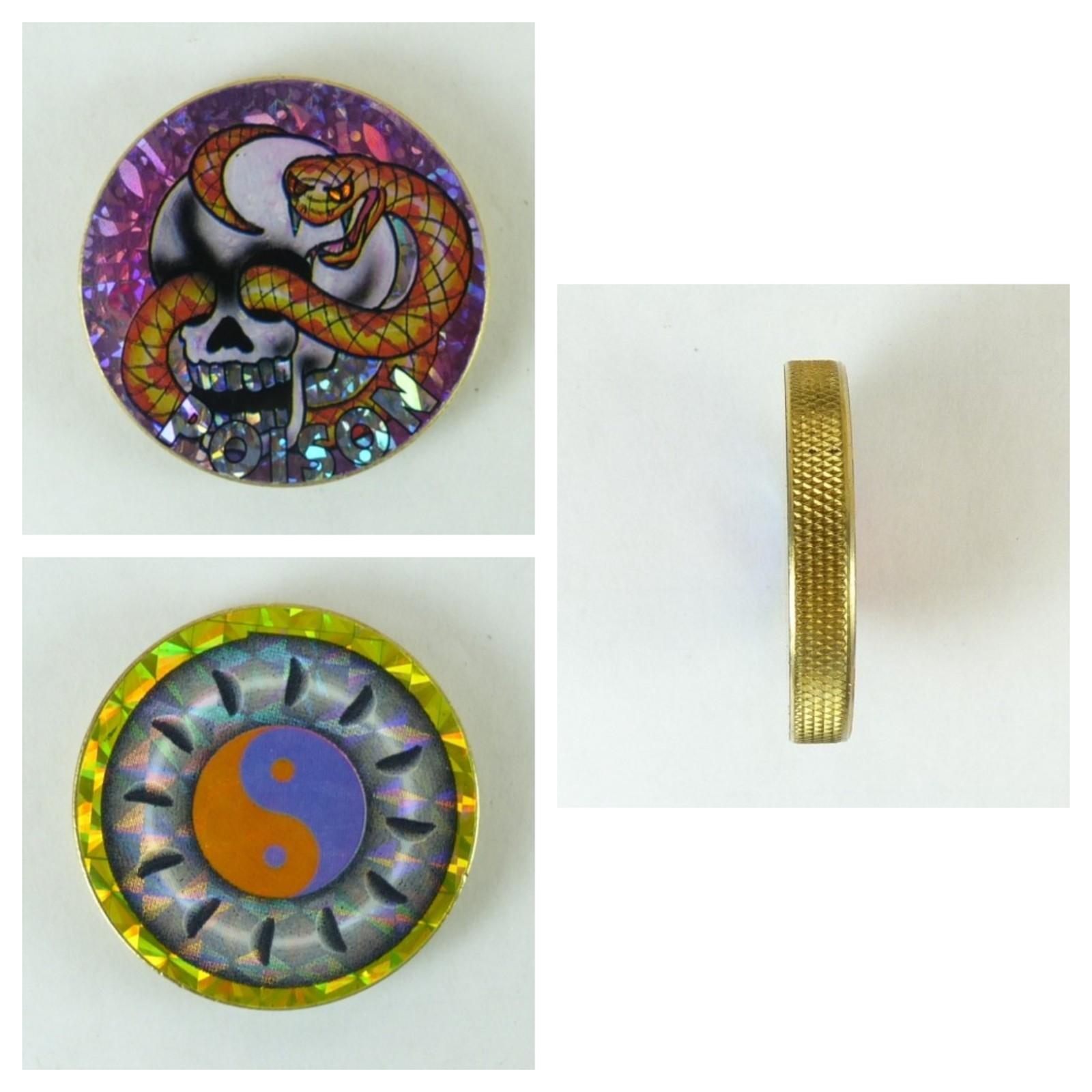1/4″ Thick 2.5oz Brass Double Sided Pogs Slammer Poison Skull and Ying Yang