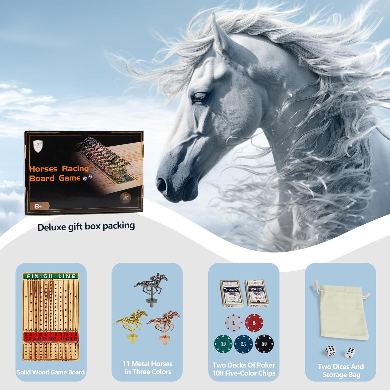 Horse Racing Board Game Thickened Solid Wood Finish Line Horse Race Game with 11