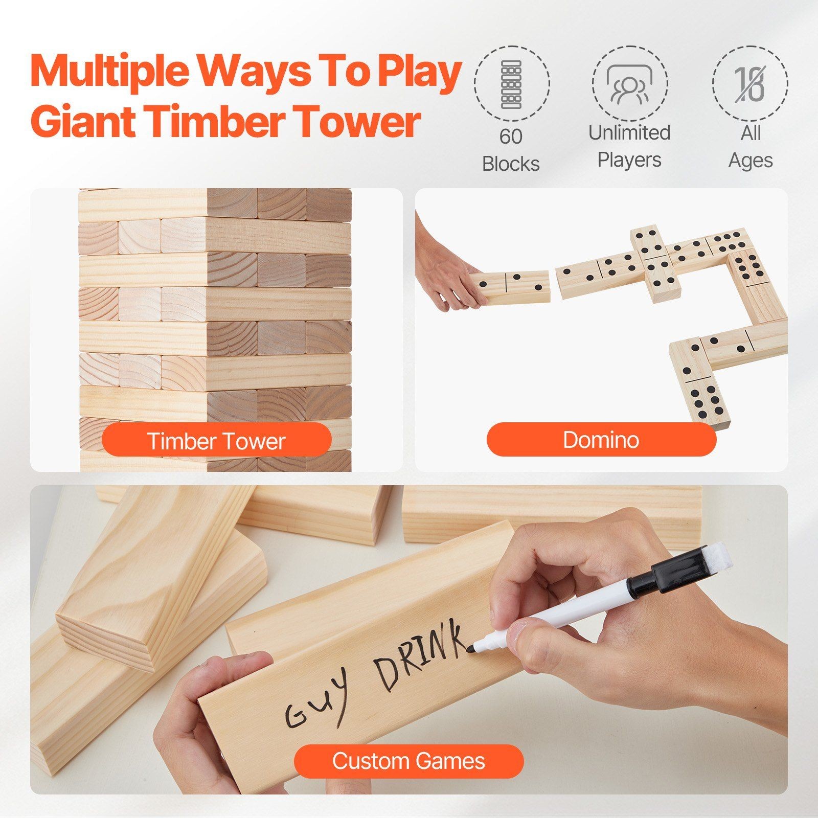 Outdoor Wooden Tower Game 60 Blocks 7.1×2.4×1.2in w/Carry Bag & Domino Markings