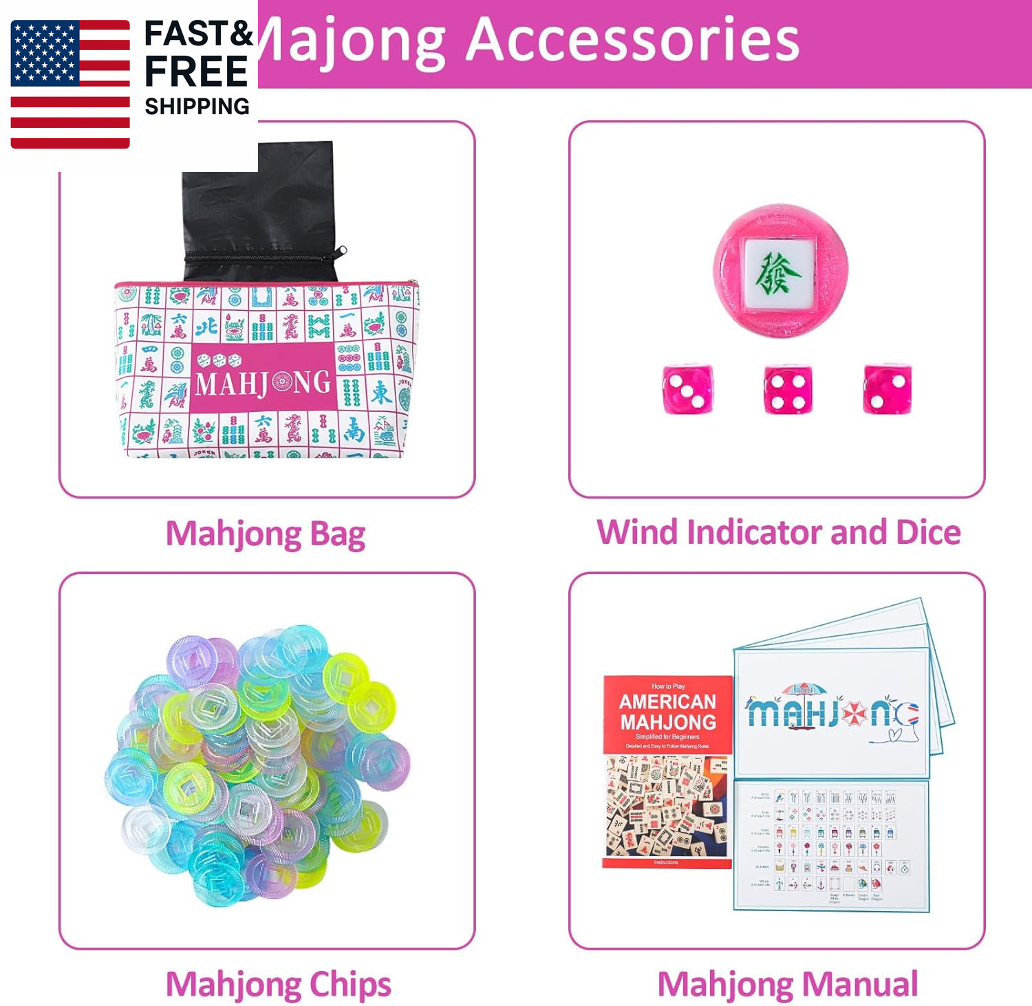160 Pink Engraved American Mahjong Game Set with Carrying Bag and Accessor