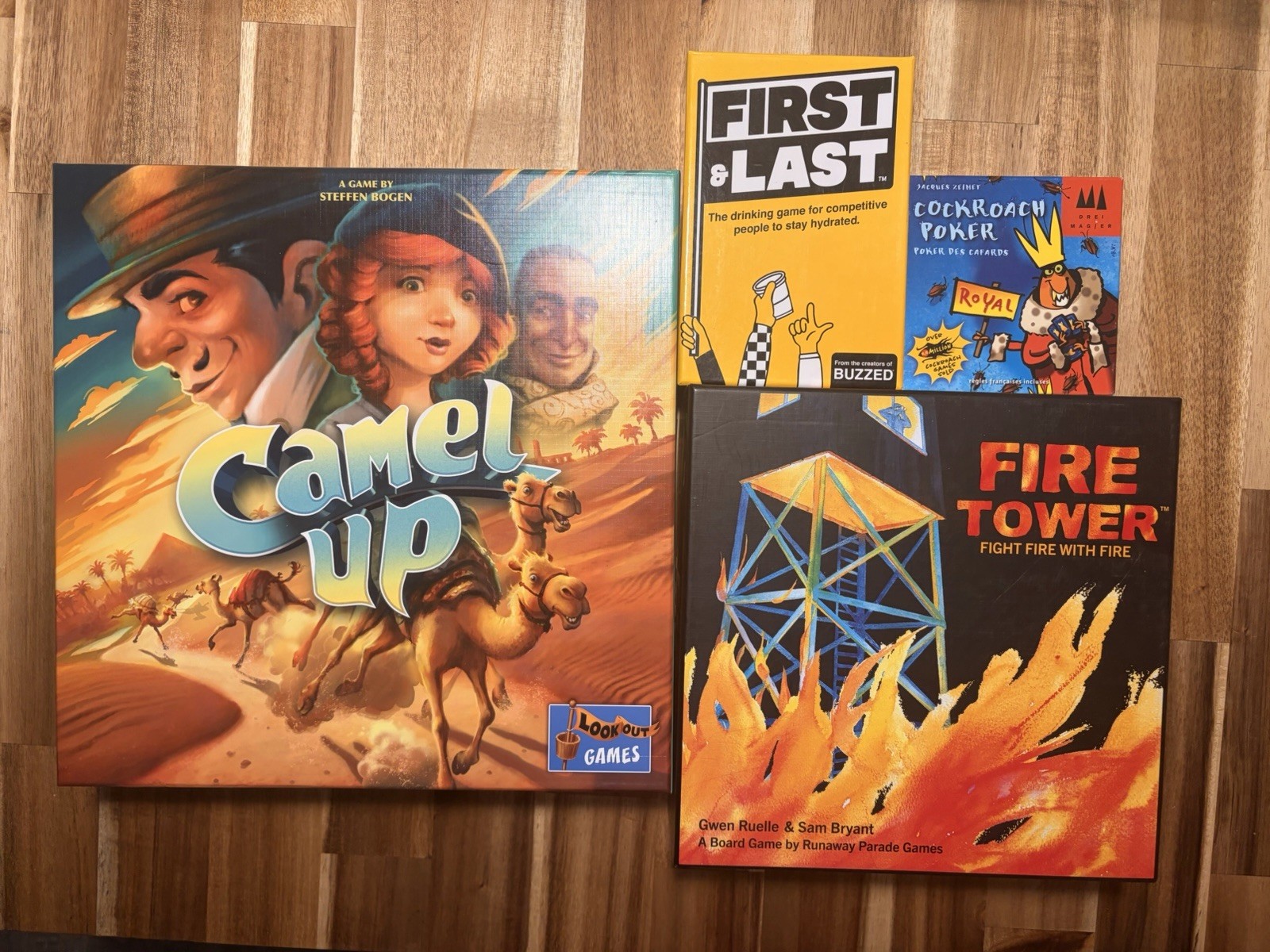4 Board Game Bundle – Camel Up, Fire Tower, First & Last, Cockroach Poker
