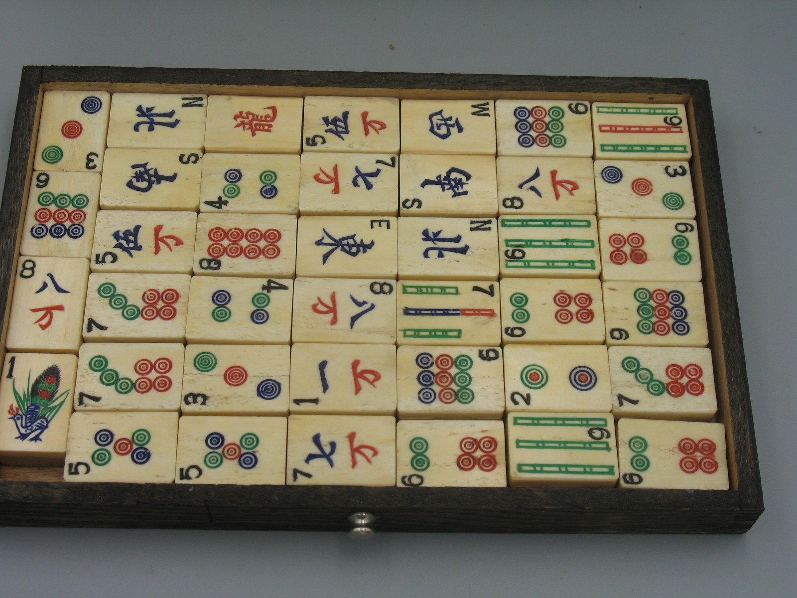 Antique Chinese Mahjong 4 Drawer Wood Box Set Bamboo Bone with Tile Holders
