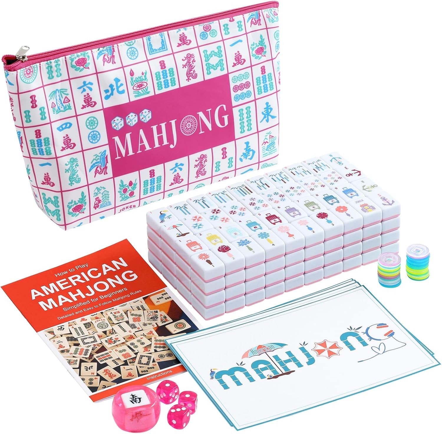 160 Pink Printed American Mahjong Game Set with Carrying Bag and Accessories,