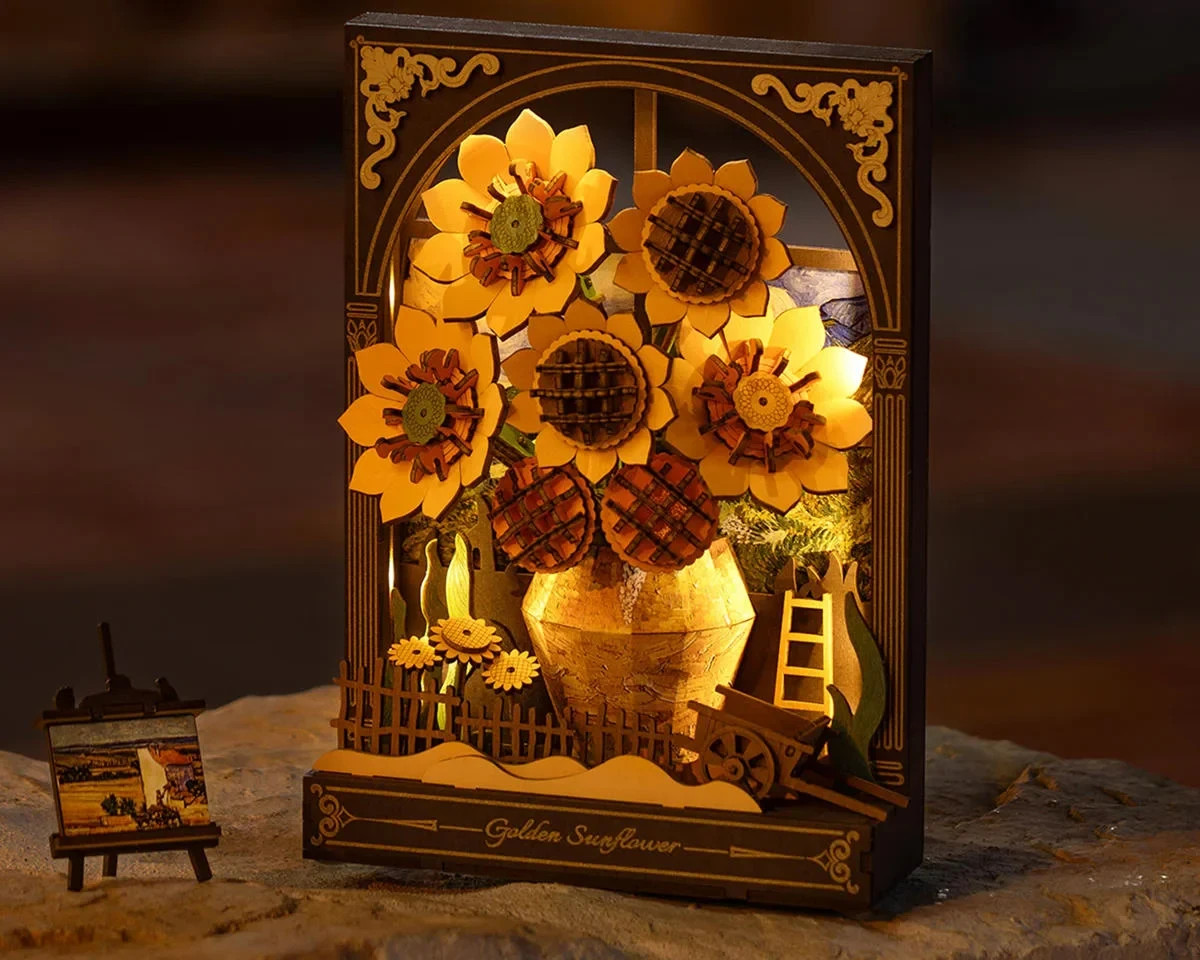 Robotime Rowood Golden Sunflower, an artistic 3D wooden model kit and wall ornam