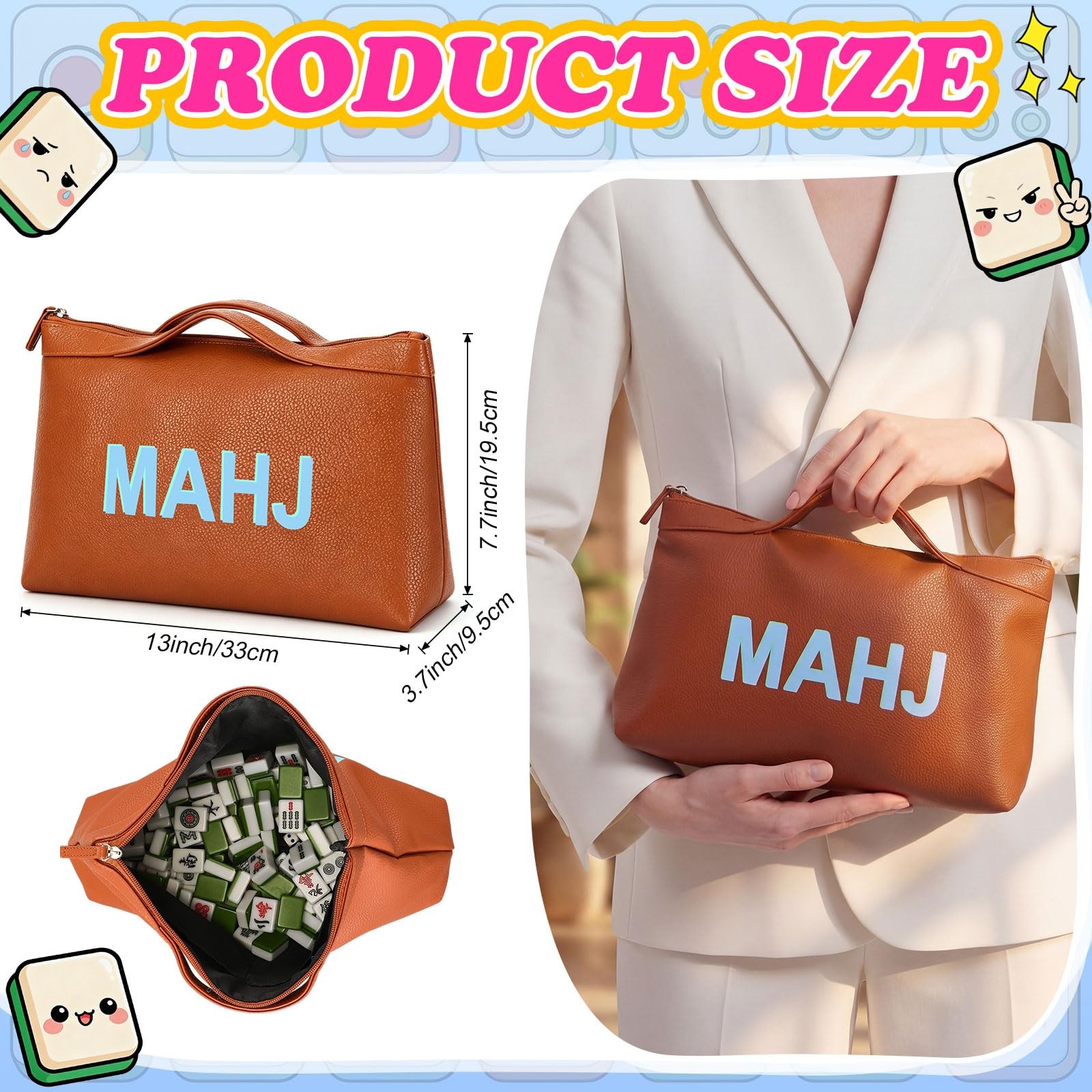 Leather Mahjong Tile Bag with Zipper Handle Lining Mahjong Storage Pouch for …
