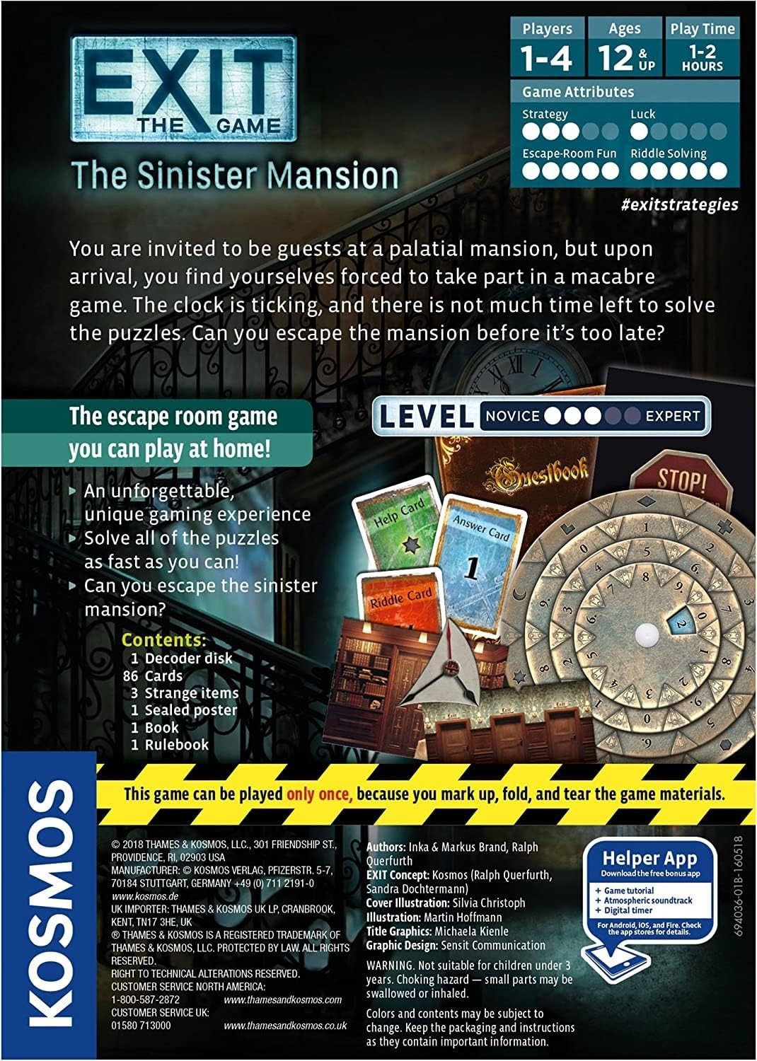 EXIT The Game The Sinister Mansion Escape Room Board Game Ages 12+ New
