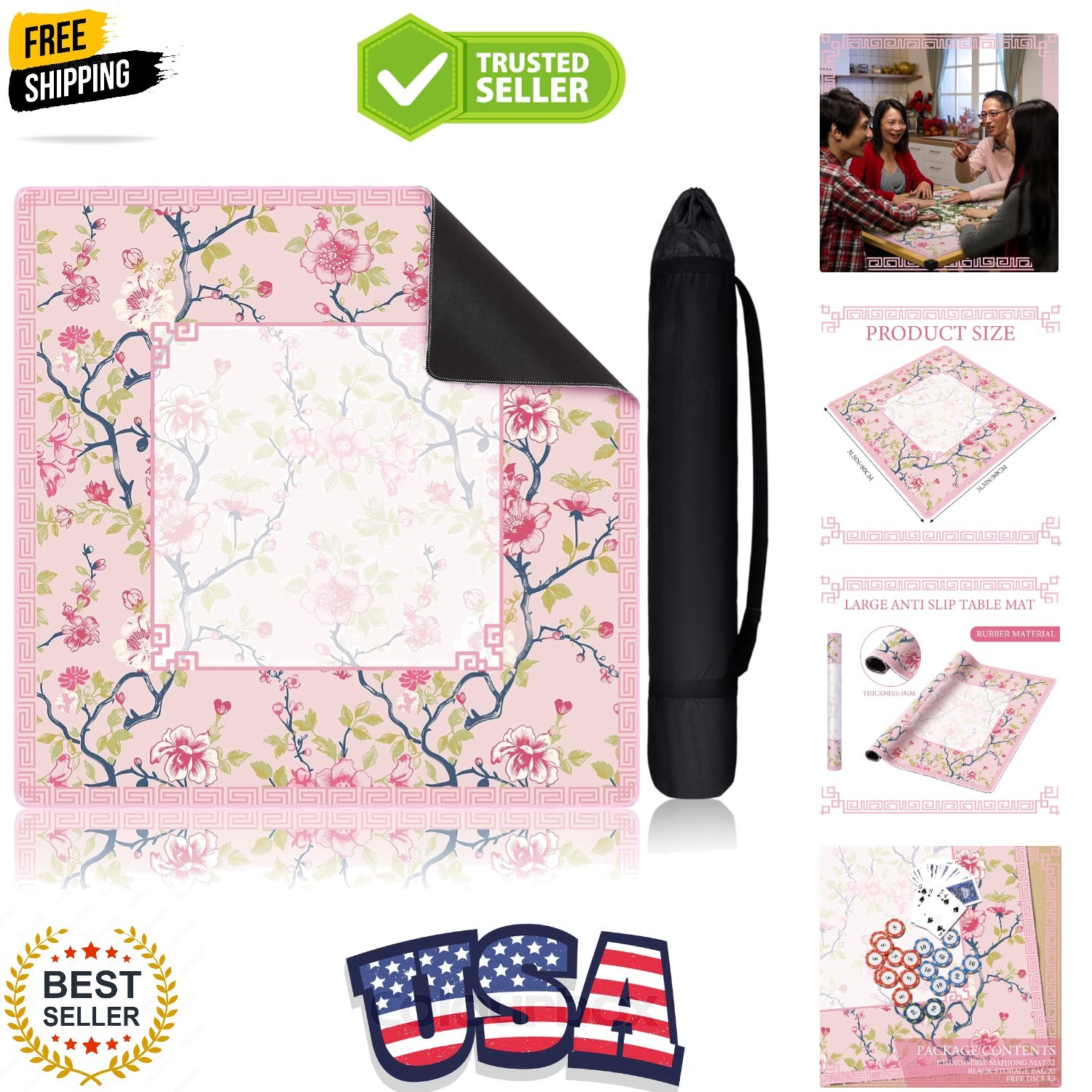 Chinoiserie Mahjong Mat with 1 Carrying Bag 31.5″ x 31.5″ Pink and White Rubb…