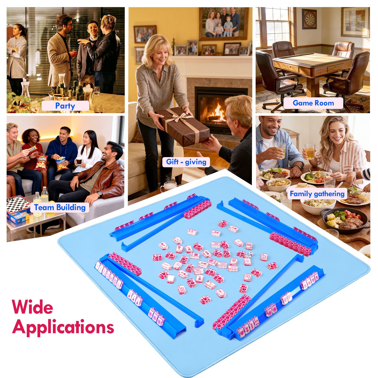 4 Pack Acrylic Mahjong Racks with Pushers Combo, All-in-One Tile Pushers, Blue