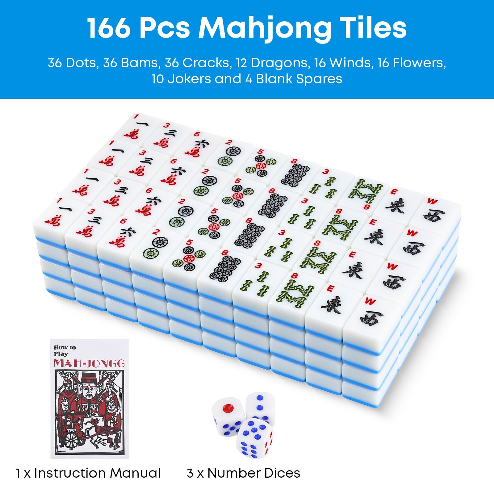 Mahjong Tile Set 166 pcs 1.2″ Tiles 3 Dices 1 Instruction Blue