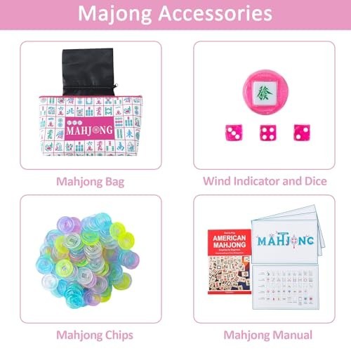160 Pink Mahjong Game Set with Carrying Bag & Accessories – 1.2’’ Tiles, Fun Gam
