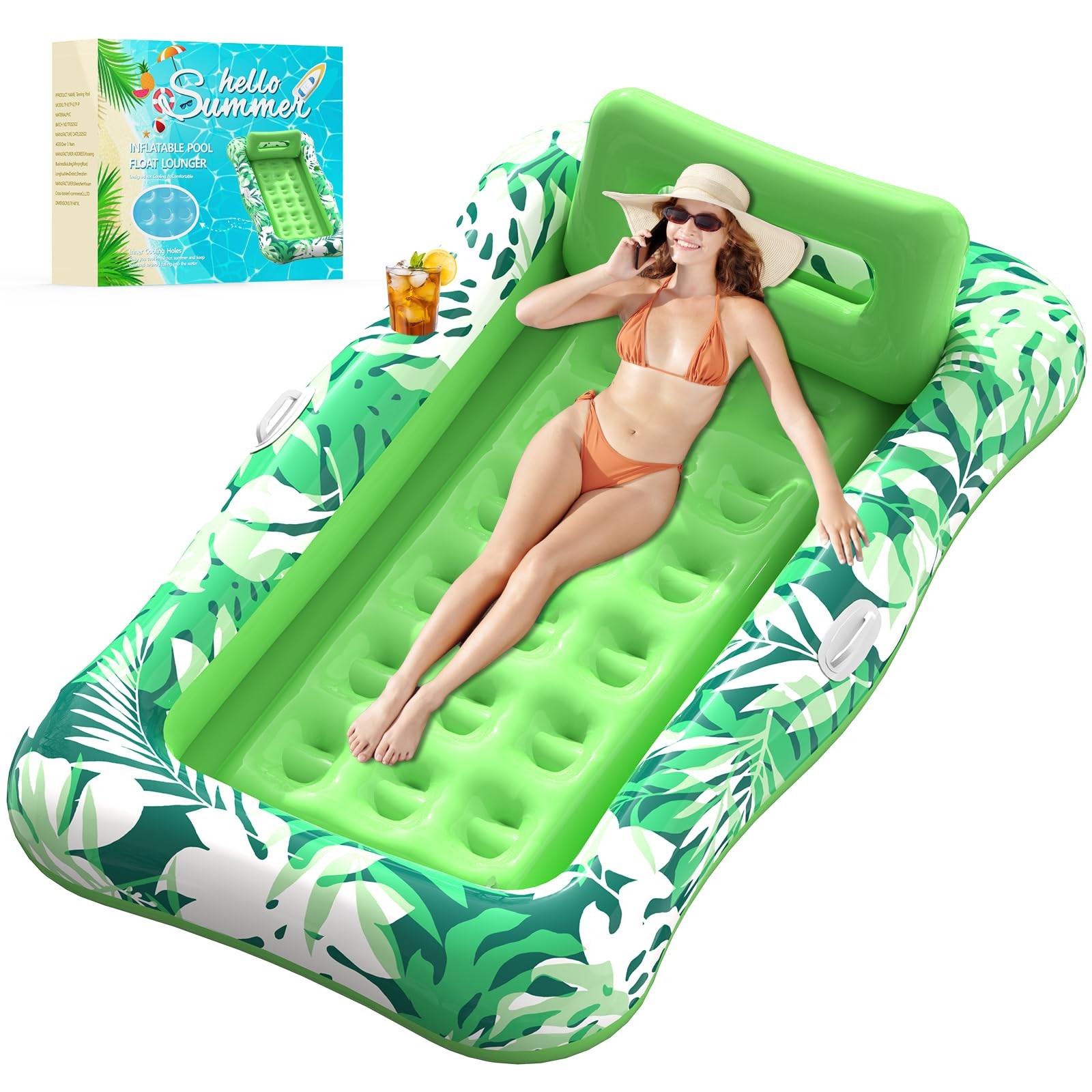 Pool Float 76 x48 XL Inflatable Tanning Lounger Pillow Green Nenrsl Led Floats