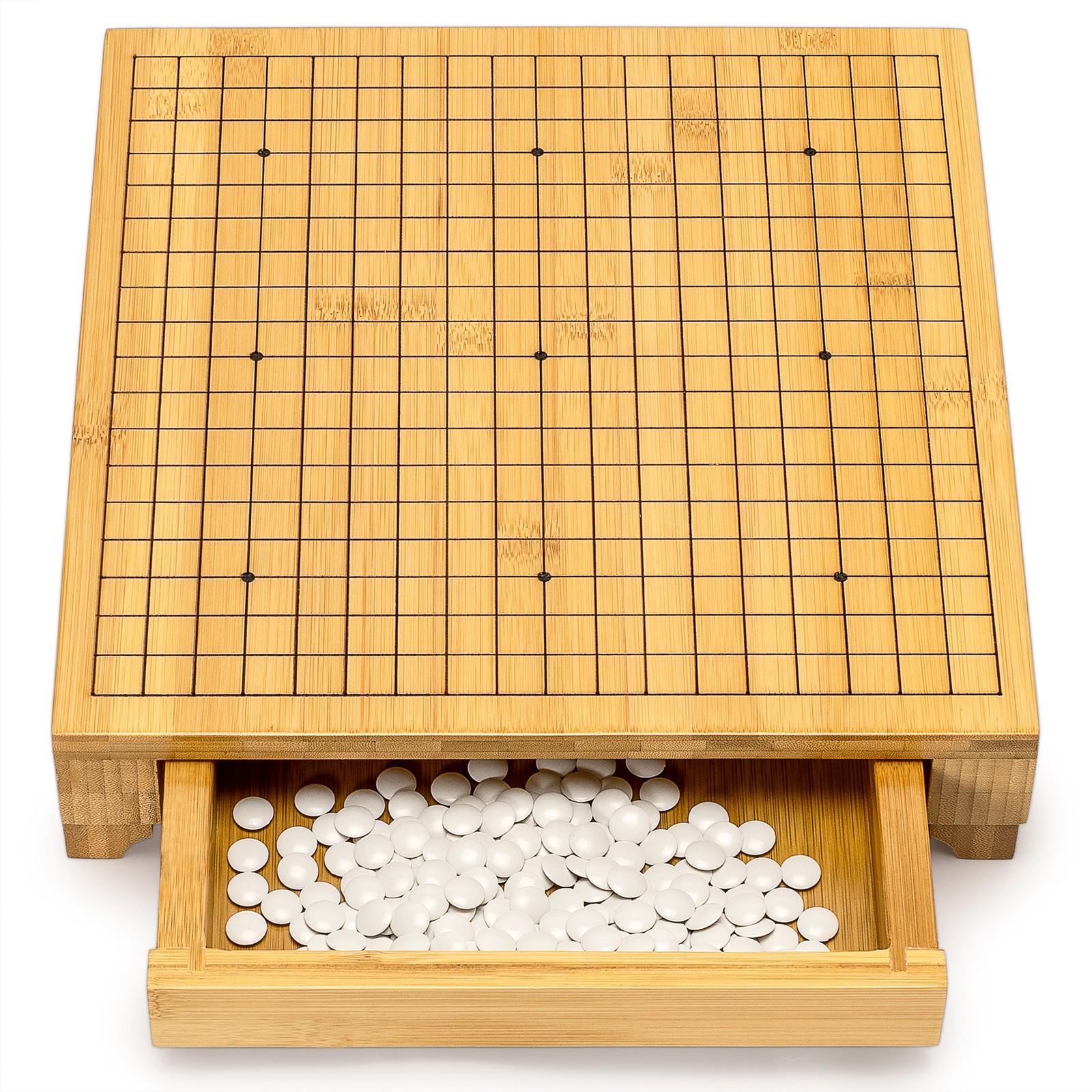 Bamboo Go Game Set – 12.6 x 12.2″ Wooden Board & Double Convex Stones