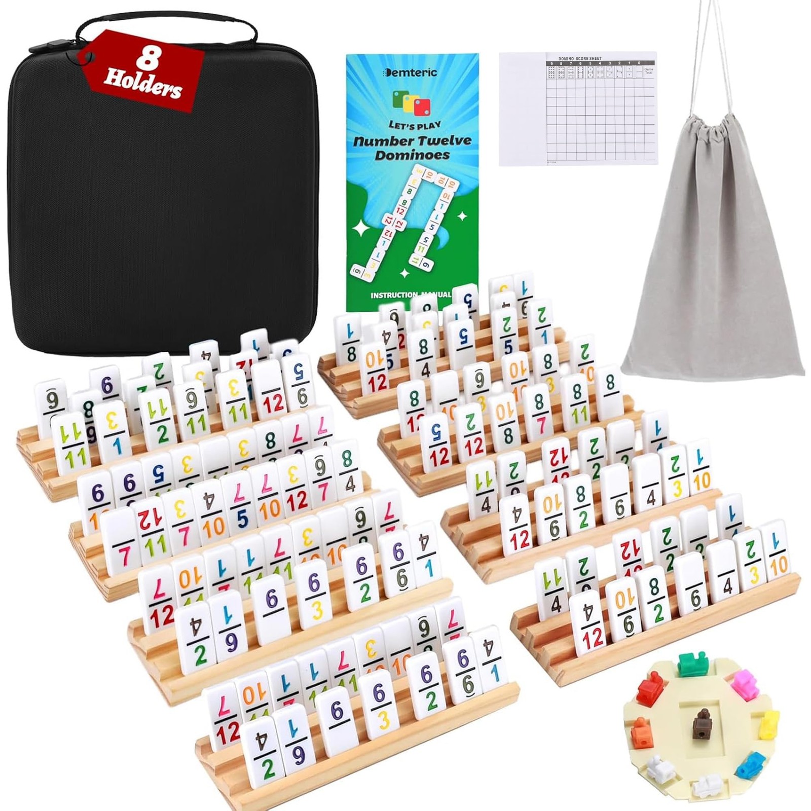 Mexican Train Dominoes Set Double 12 Colored Number 91 Tiles 8 Wooden Racks