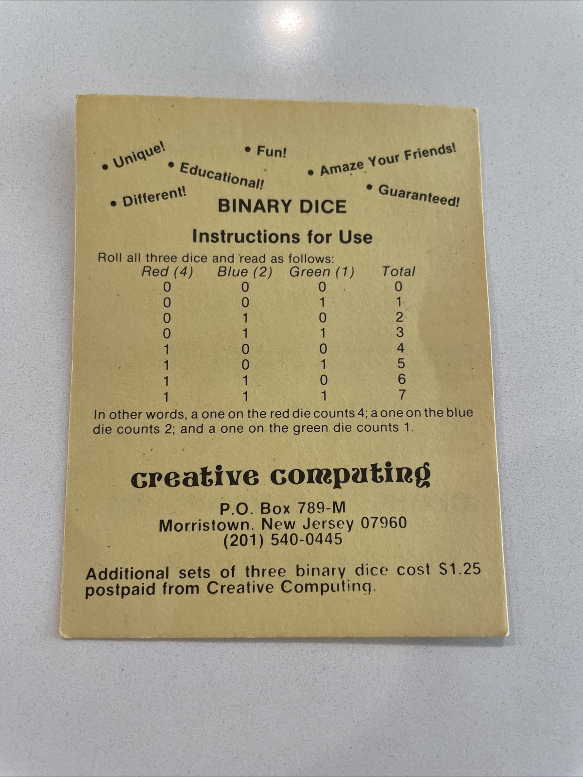 Vintage 3 Binary Dice Game Creative Computing 1 0 Made In USA Rare NOS CPU 80’s