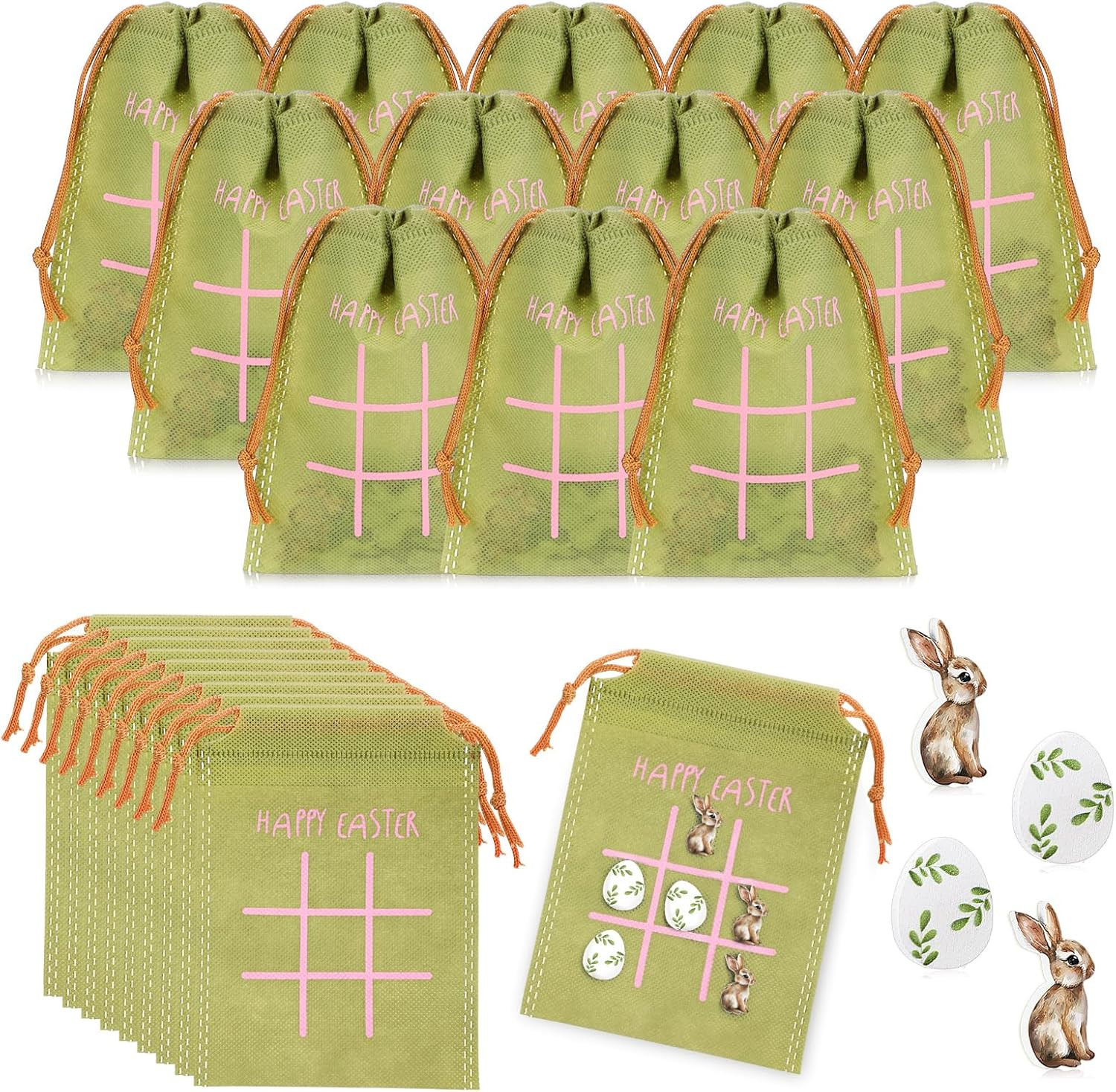 36 Set Easter Game for Kids Bulk Bunny Tic Tac Toe with Vintage Easter Egg Woode