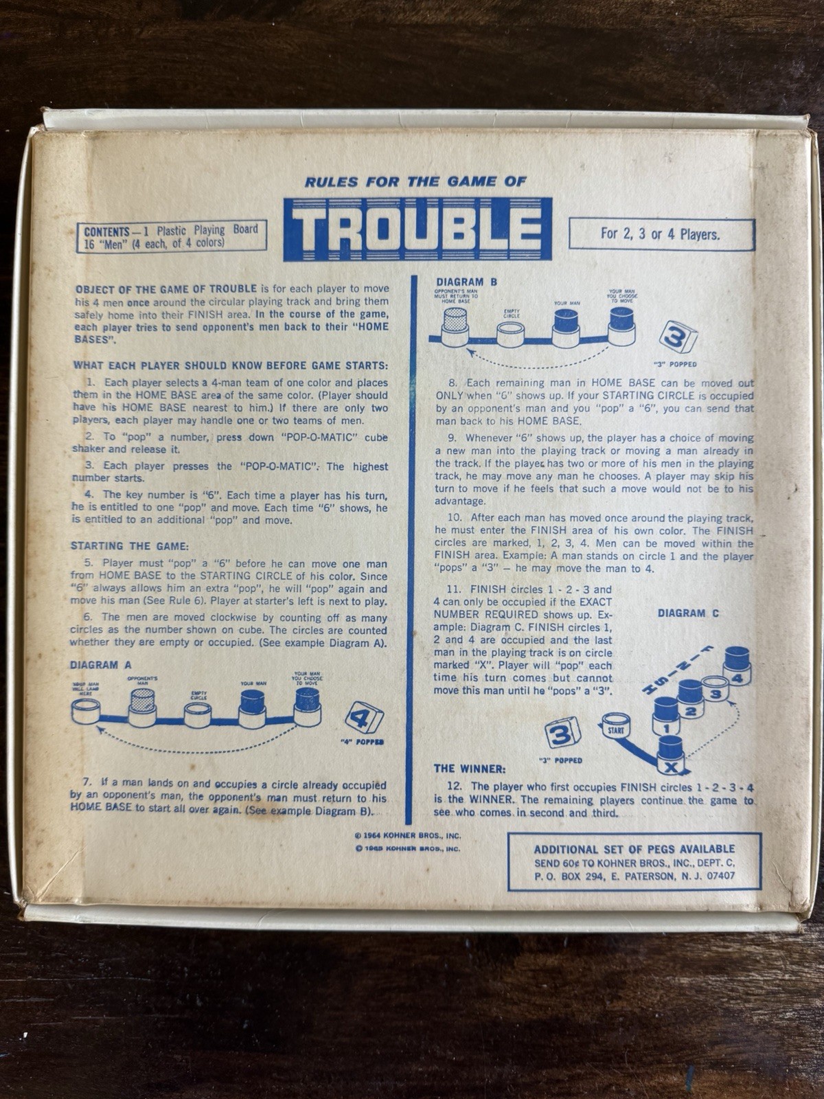 Vintage 1965 Trouble Board Game Pop-O-Matic No. 310 Kohner Bros **Complete**