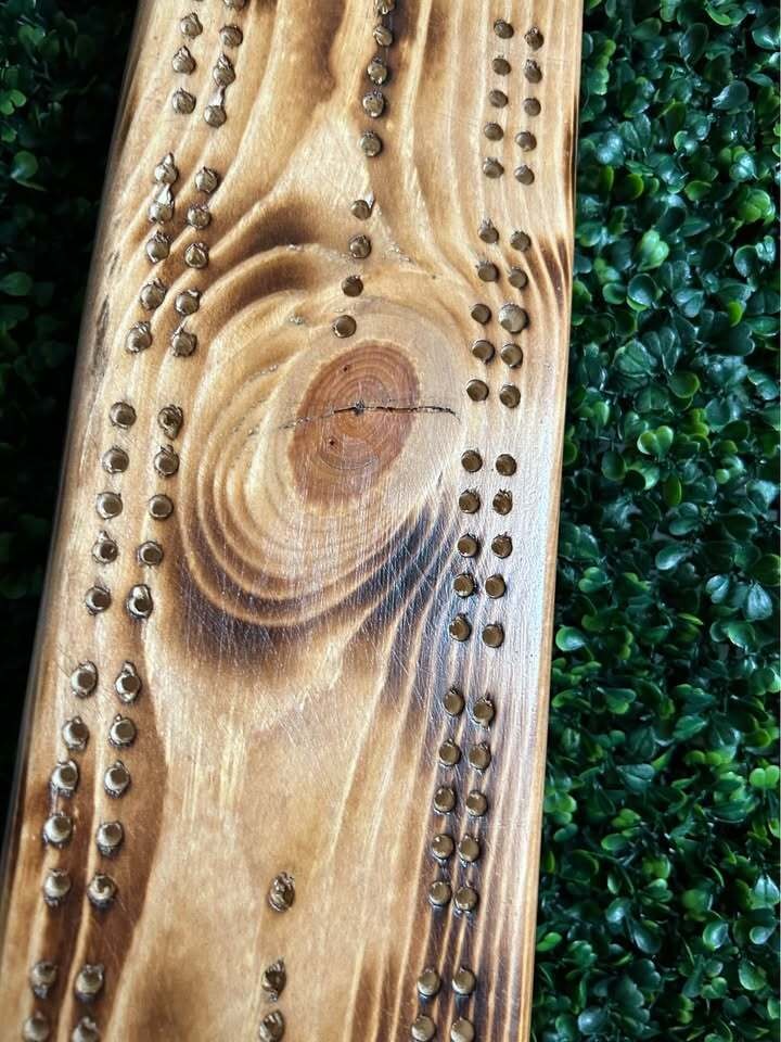Handmade Rustic Wooden Cribbage Board Burned Wood Cabin Lodge