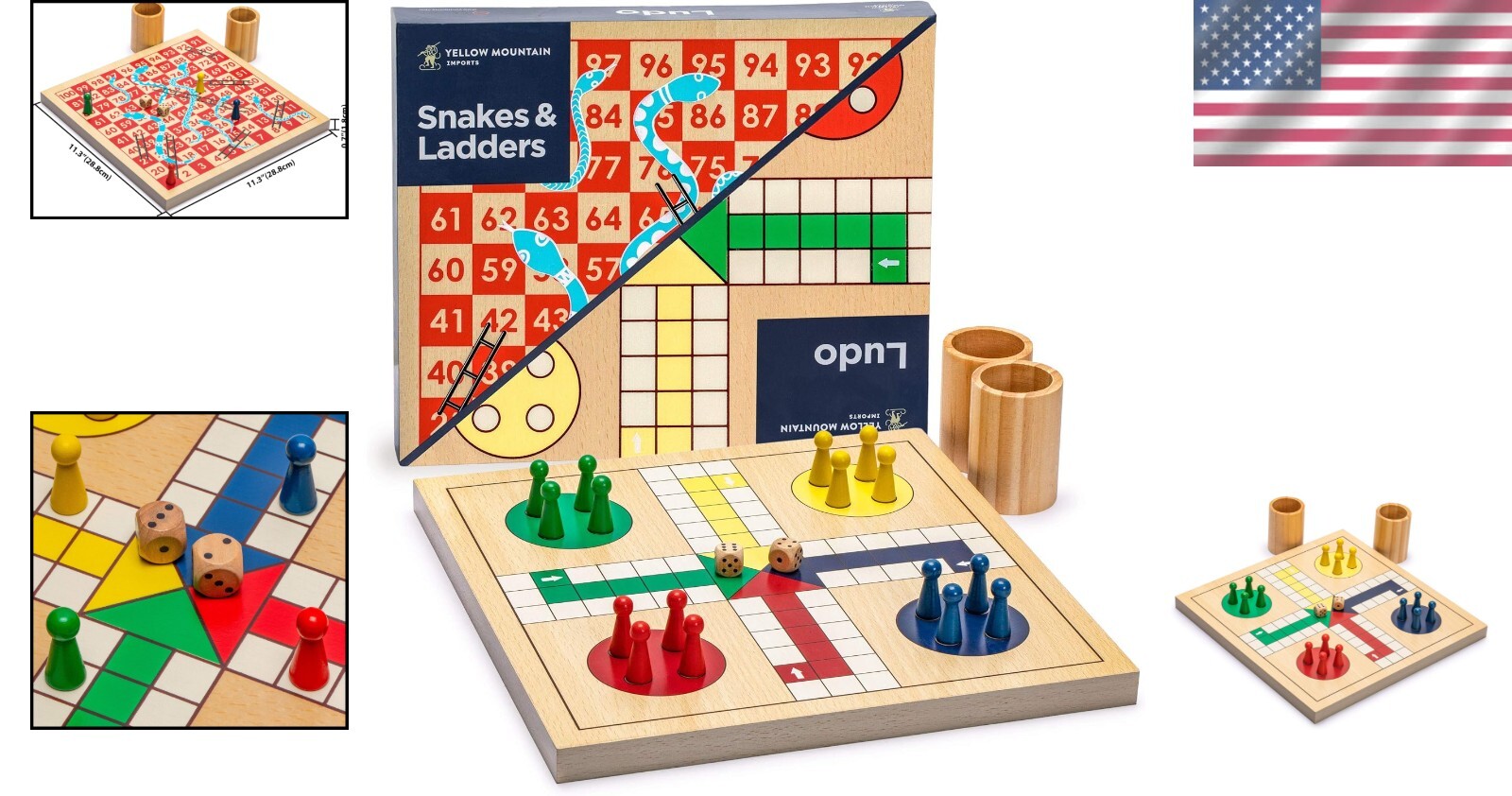 Classic 2-in-1 Wooden Snakes and Ladders & Ludo Game for Family Fun – 11.3 in