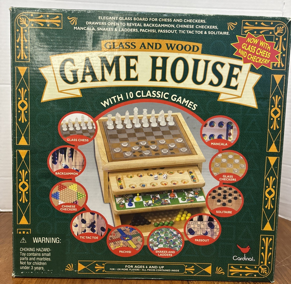 Cardinal 2002 GAME HOUSE 10 Classic Games WOOD Boards & Box Chess Checkers Pachi