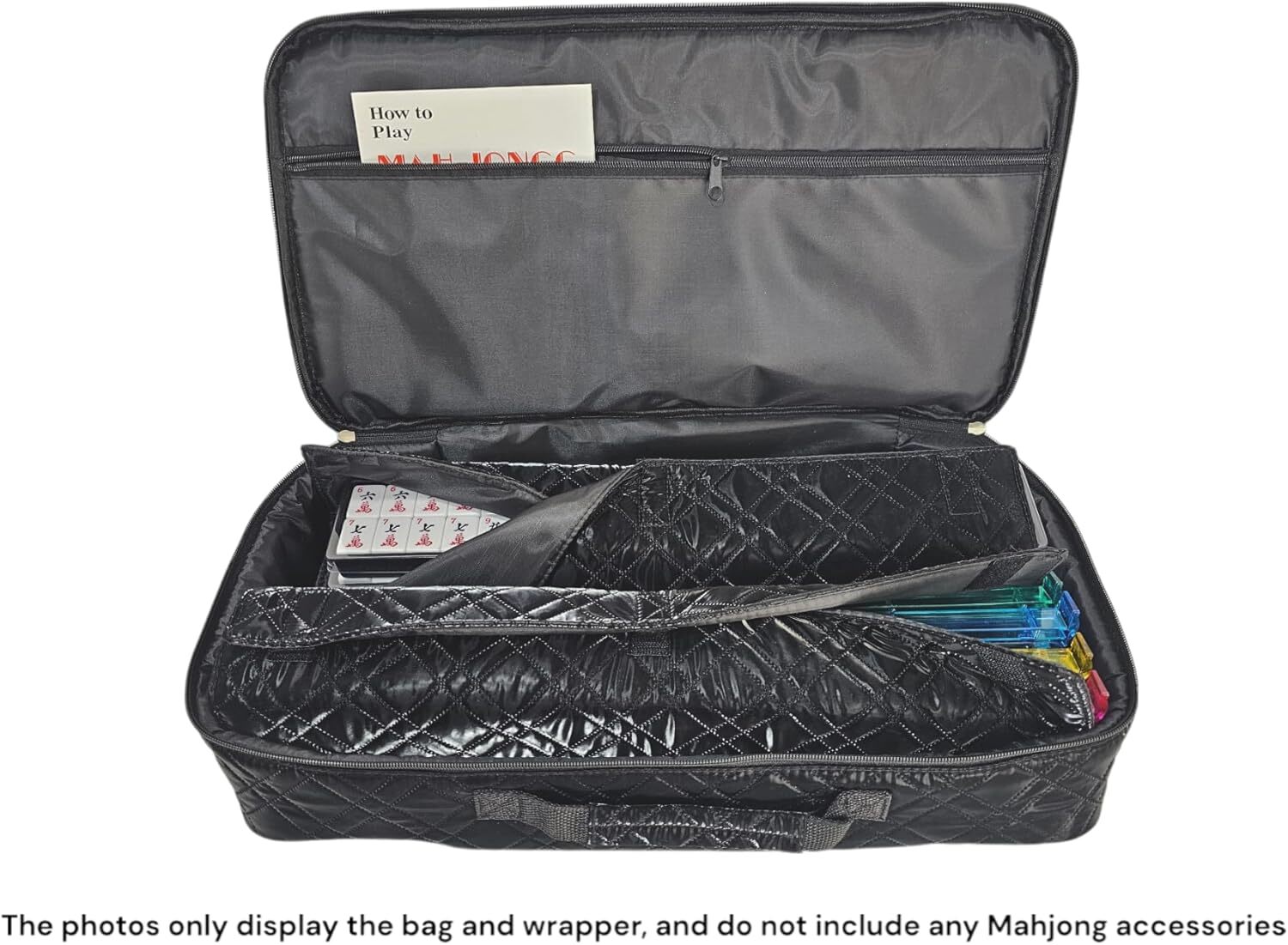 “Black” Quilted PU Leather Mahjong Carry Bag with Zippered Storage Pocket.
