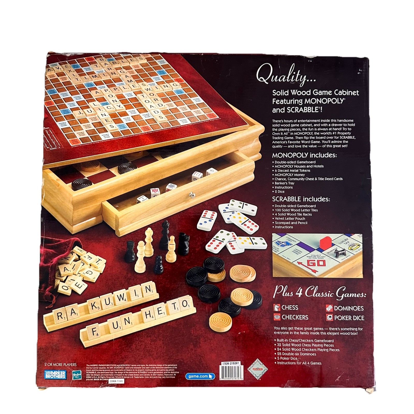 Monopoly Scrabble and 4 Classic Games Solid Wood Cabinet 2007 Parker Brothers