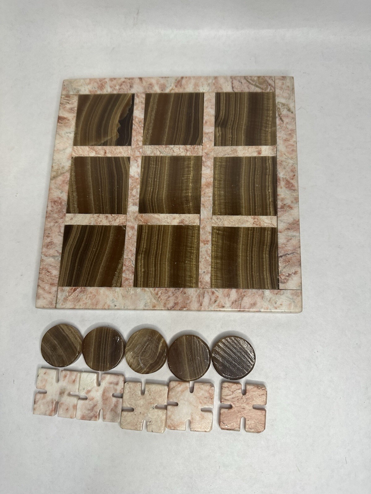 Hand Carved Onyx Marble Tic Tac Toe Game 7.5” Board Handmade Mexico Complete