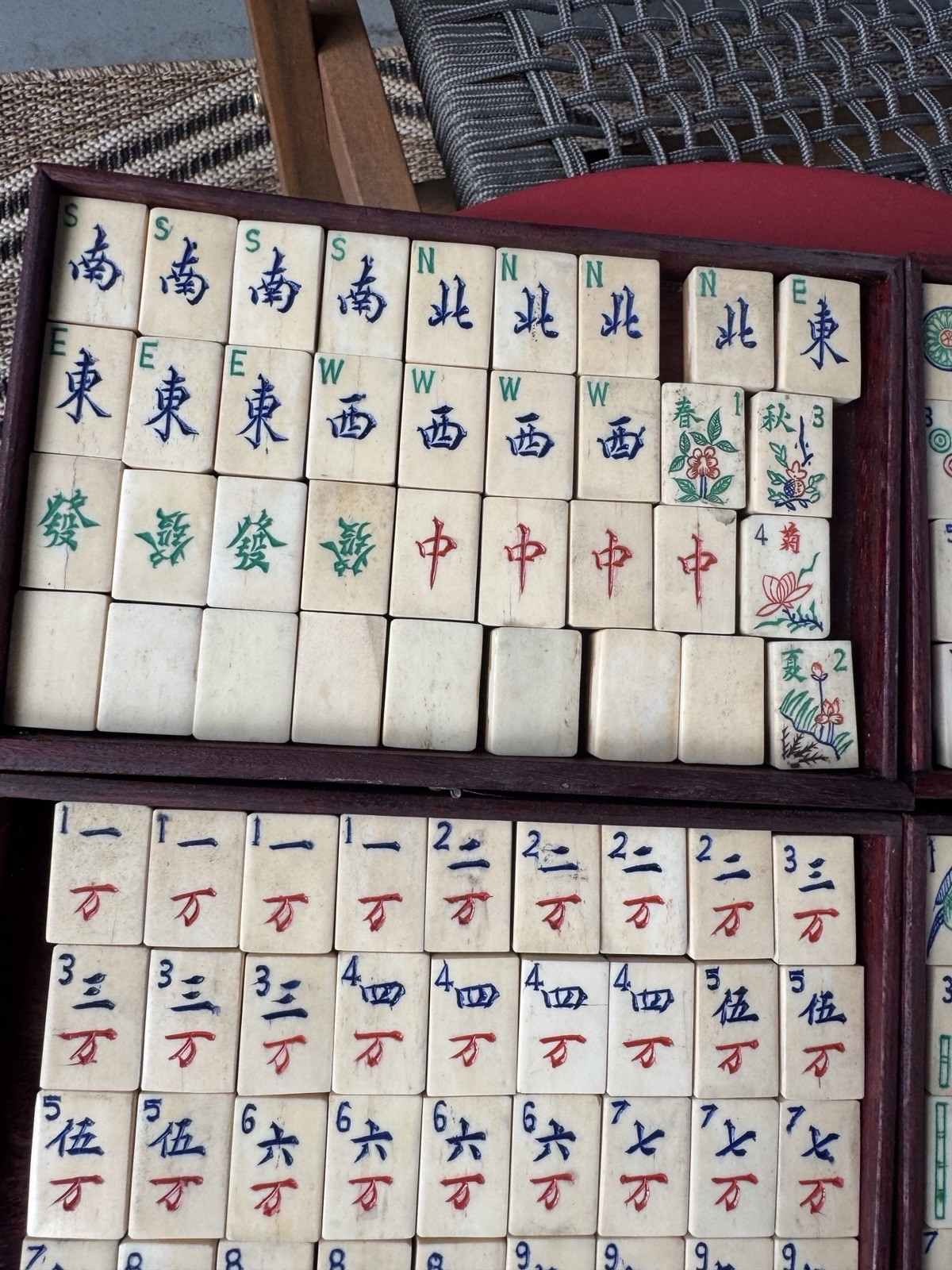 Antique Mahjong 5 Drawer Wood Box Set Bamboo Bone w/DICE/Tiles/Hand Colored