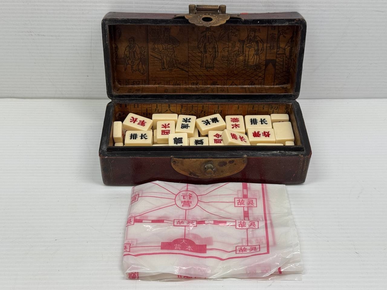 Vintage Chinese Travel Mahjong-Style Game Set in Carved Wooden Pillow Box Rare