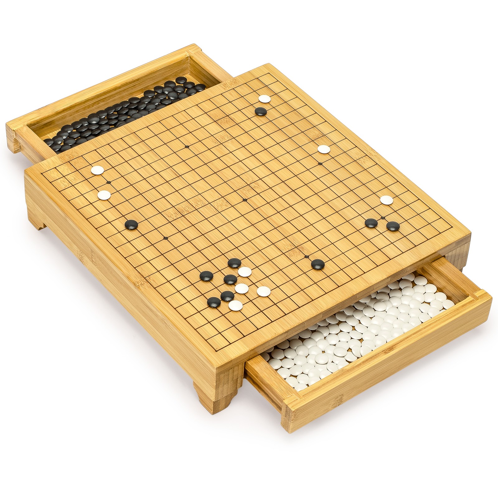 Bamboo Go Game Set – 12.6 x 12.2″ Wooden Board & Double Convex Stones