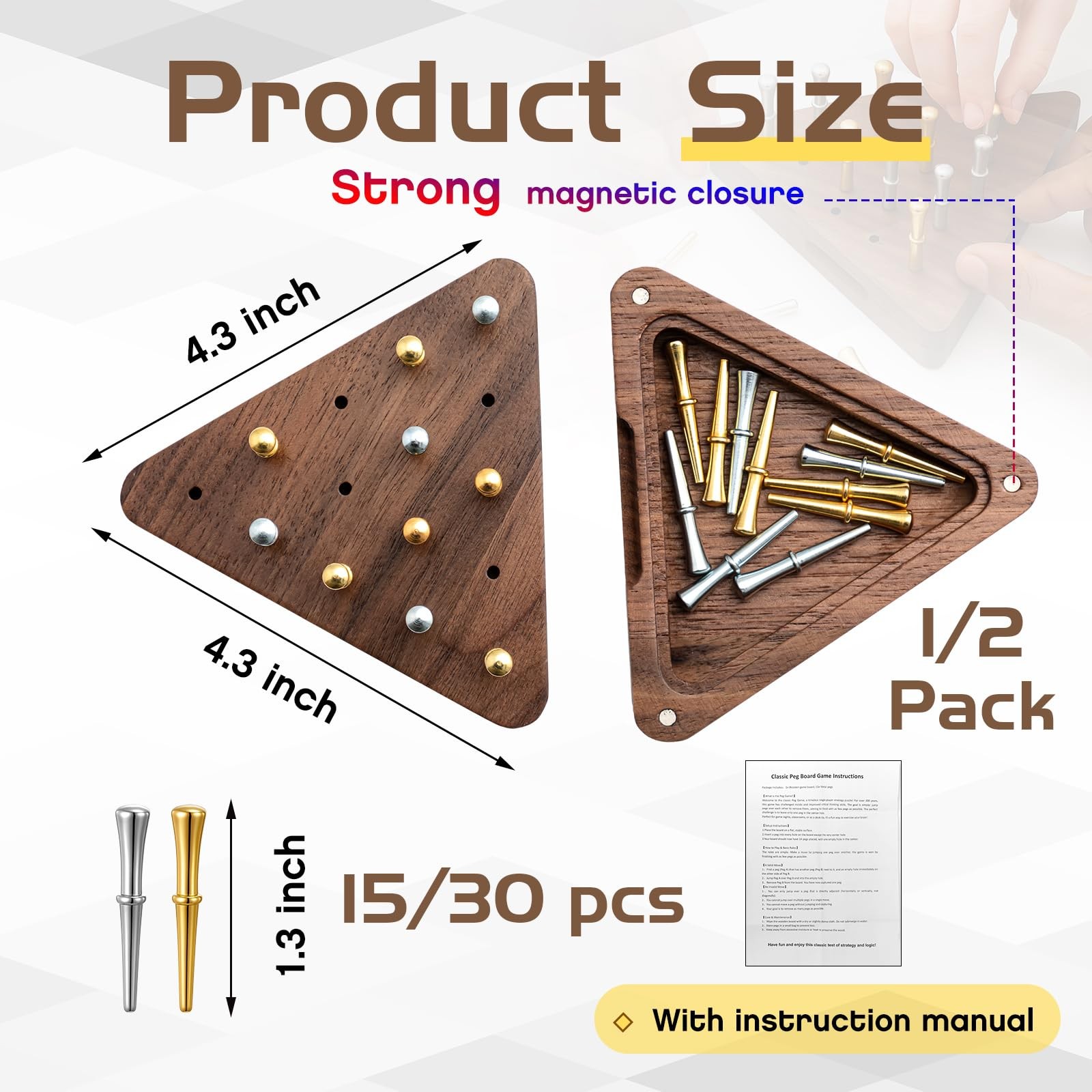 1 Set 4.3 Inch Walnut Wooden Tricky Triangle Peg Game Portable Board Triangul…