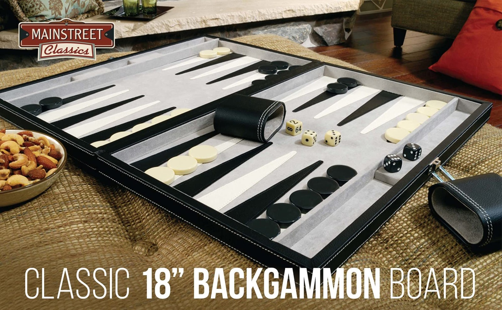 Mainstreet Classics 18 Inch Backgammon Set Leatherette Portable Board Game Case