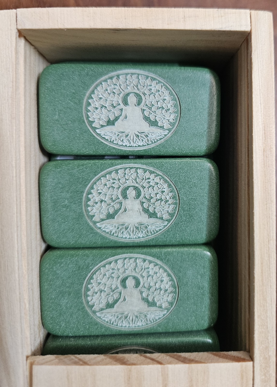 Double 6 Domino Set of BUDDHA UNDER the BODHI TREE Dominoes GREEN or IVORY