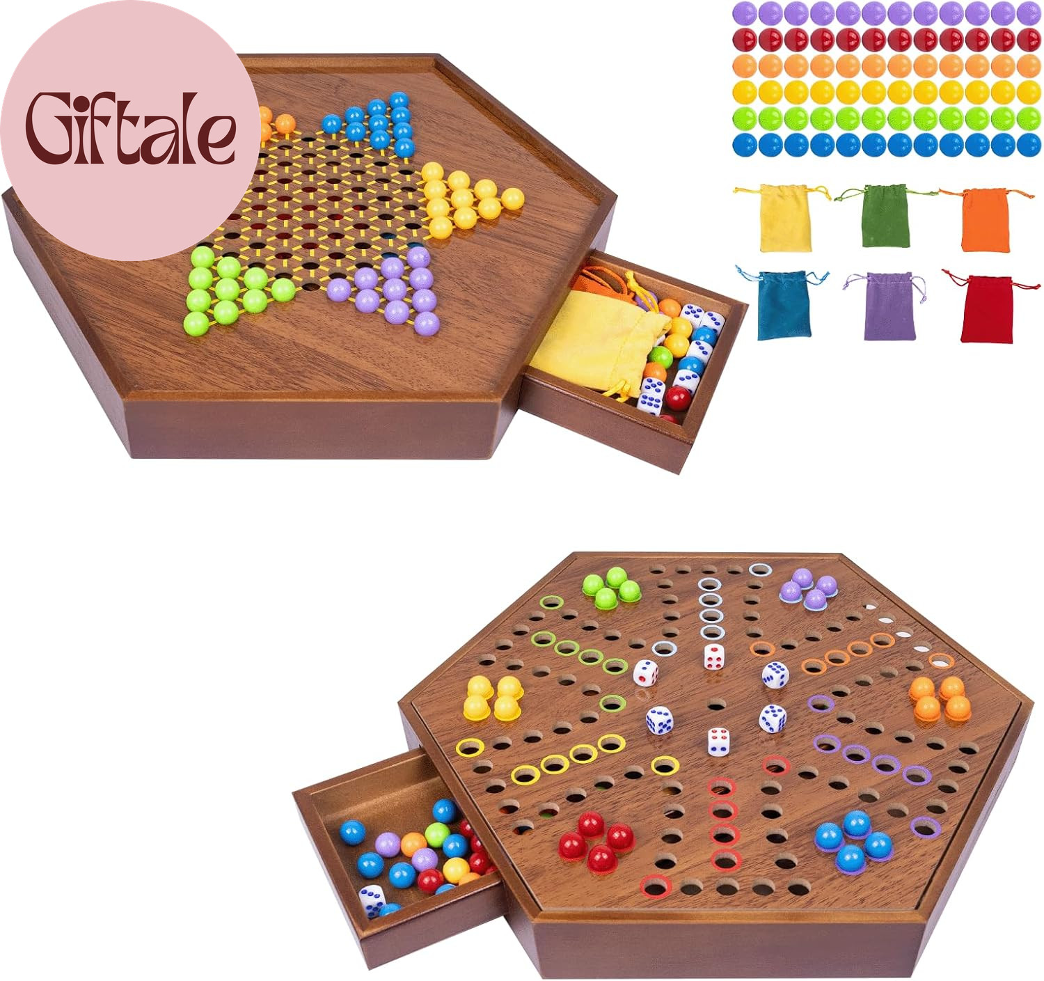 Chinese Checkers & Marble Board Game – 2-In-1 Double-Sided Wooden Board Game for