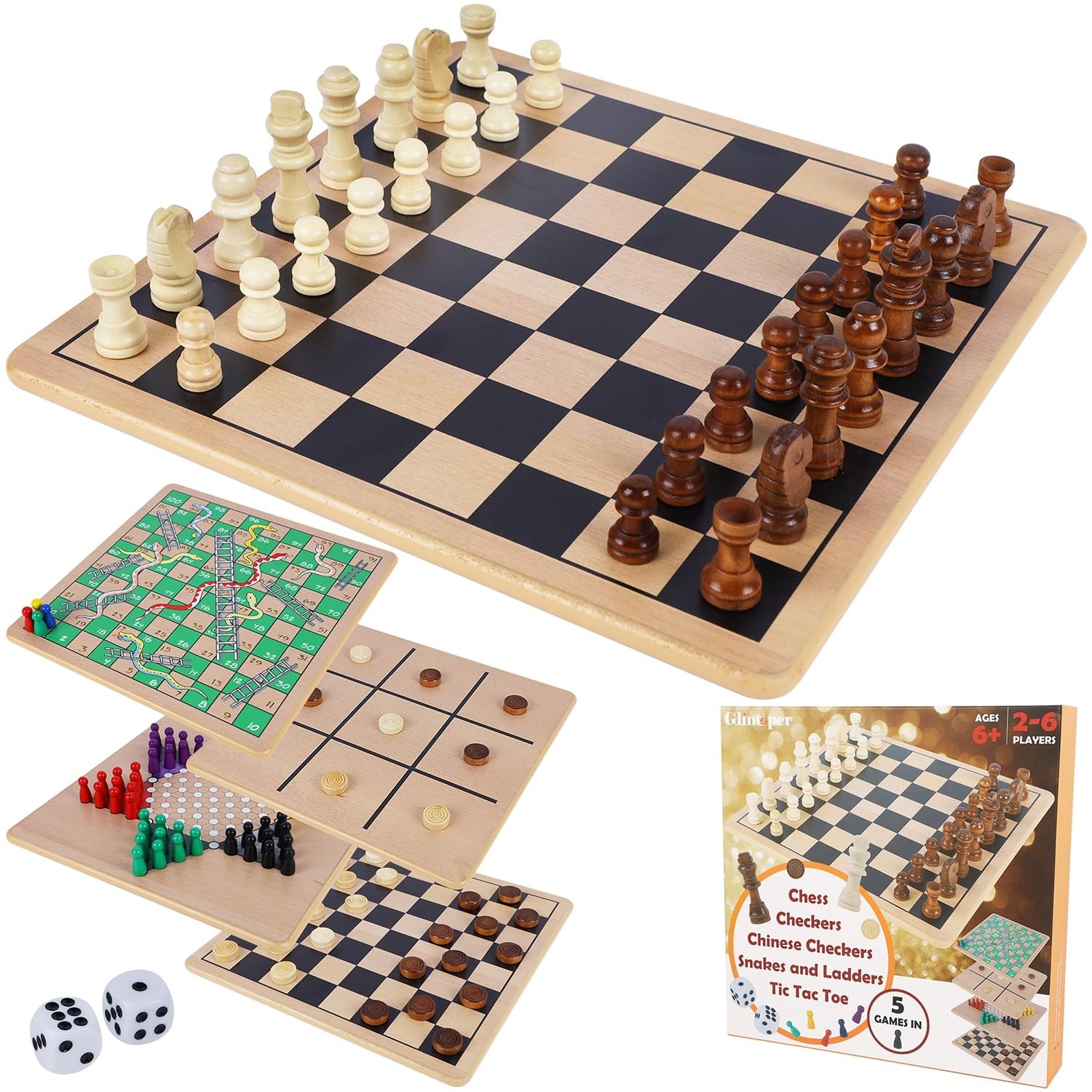 5-in-1 Wooden Board Game with 2 Reversible Boards for Chess, Checkers, Chines…