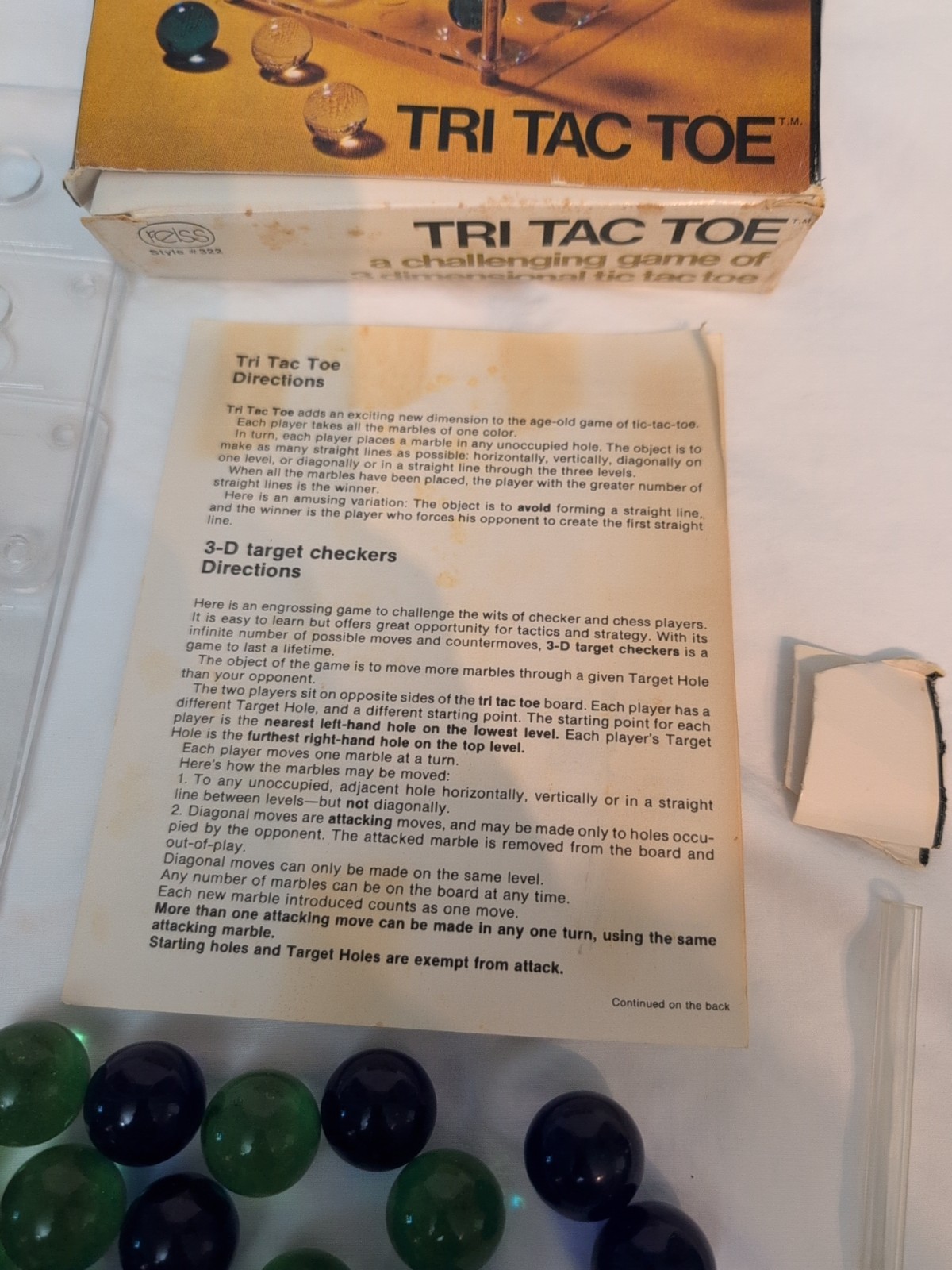 Vintage Reiss Tri Tac Toe Marbles 3D Tic Tac Toe Game 1973 Missing Rods
